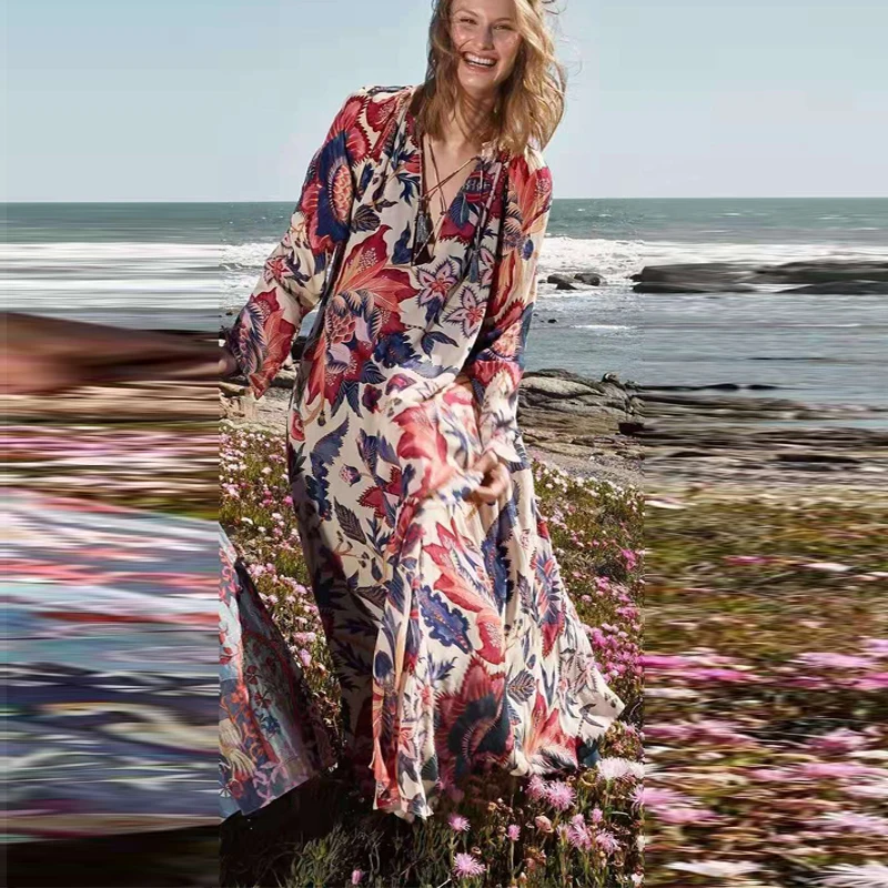 

2021 spring autumn women flower printed dresses with sashes tie collar red blue women quality beach dress