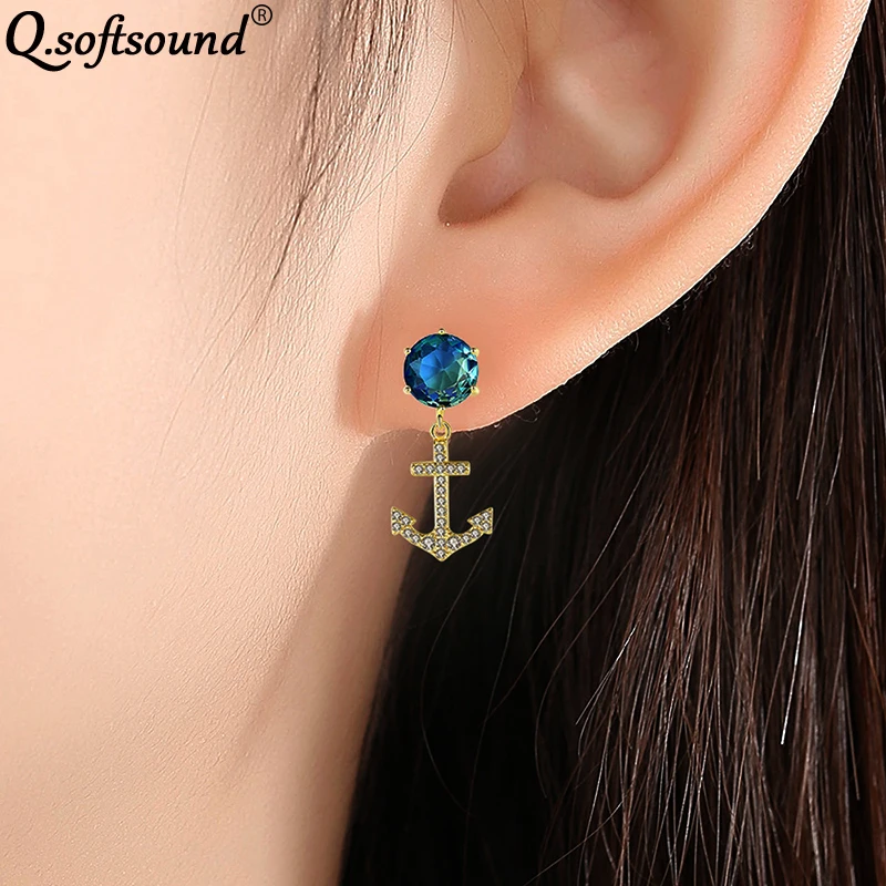 Новые цветные циркониевые серьги-гвоздики в форме якоря золотого цвета для