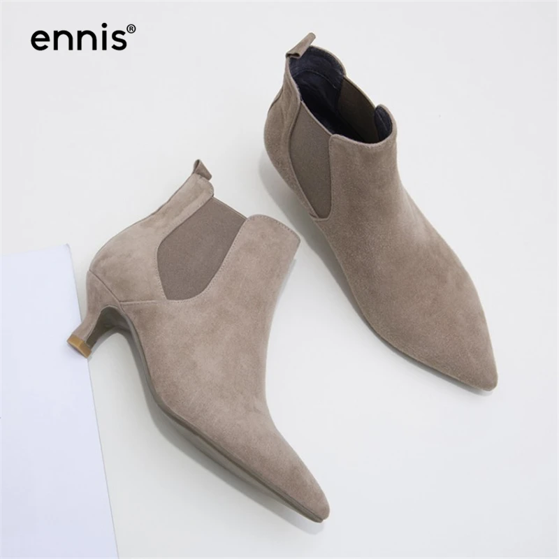 ENNIS/ г.; европейский дизайн; замшевая женская обувь; элегантные женские ботильоны с острым носком; ботинки из натуральной кожи на маленьком каблуке; A786