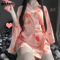 2pcs set pink japanese kimono sexy cosplay outfit for women traditional style robe yukata sakura costumes pajamas soft silk belt
