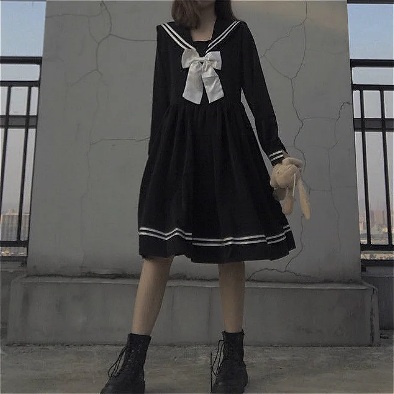 

Dresses Women Bow Patchwork Loose A-Line Fashion Knee-Length Cute Empire Preppy Style Ins Sailor Collar Japanese All-match Black