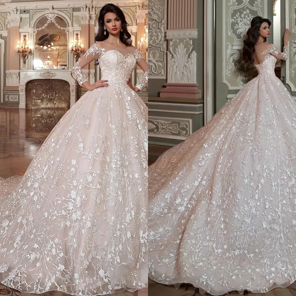 

Роскошное кружевное свадебное платье с длинным рукавом 2021, элегантное бальное платье с аппликацией и поясом из бисера, свадебные платья с к...