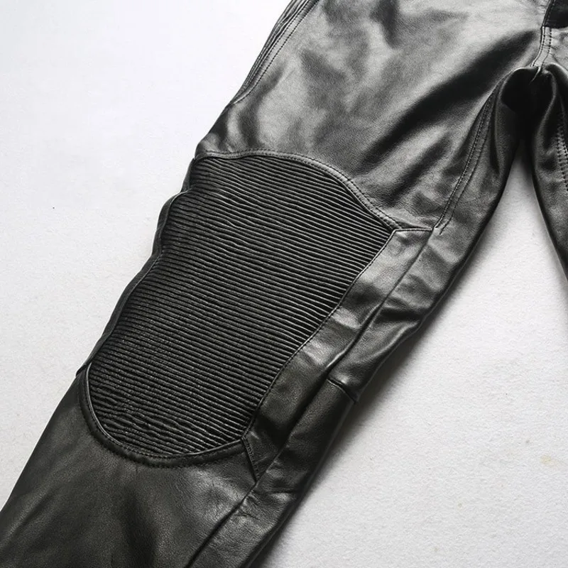 

Spring Autumn New Biker Genuine Leather Pants Mens Patchwork Slim Fit Elastic Straight Casual Pants Quality Horse Skin Men Pants
