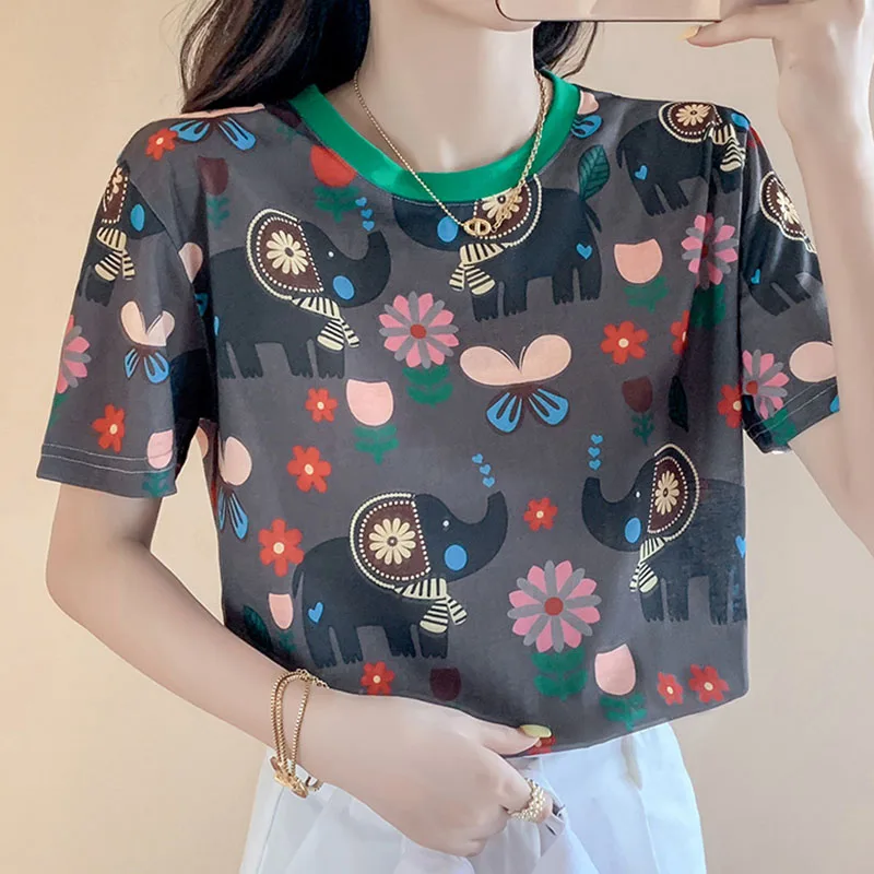 

2021 забавная Футболка с принтом животных, женская одежда, хлопковая Корейская повседневная женская футболка, летние топы, серая футболка с к...