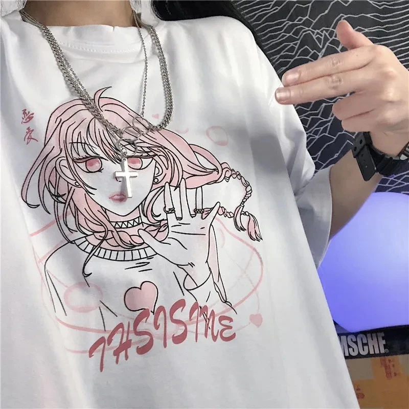 

Tee Shirt Femme Summer Kawaii Anime Girl Clothing For Tshirt Women 2021 Japanese Streetwear Loose Half-Sleeved Graphic T Shirts