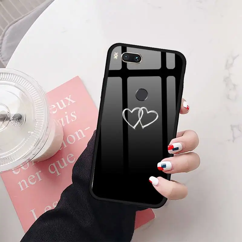 

Simple Lines Love Heart Phone Case Tempered glass For xiaomi 6 8 lite se MIX2 2S Redmi 4X 5 6 6a note 4 5 6 7
