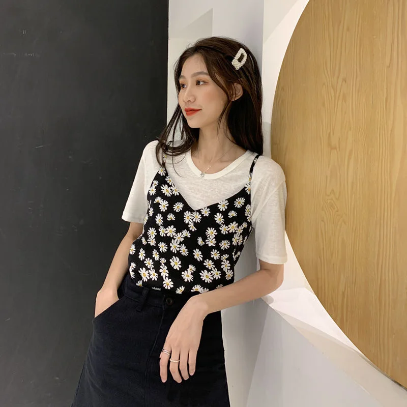 Женский трикотажный топ с принтом ромашек Однотонный женский уличный Топик