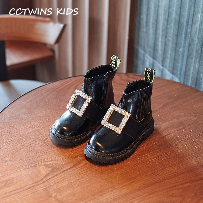 CCTWINS/детская обувь; коллекция года; зимняя детская обувь из искусственной кожи; ботильоны со стразами для девочек; Детские брендовые теплые ботинки; Цвет Черный; FB1793