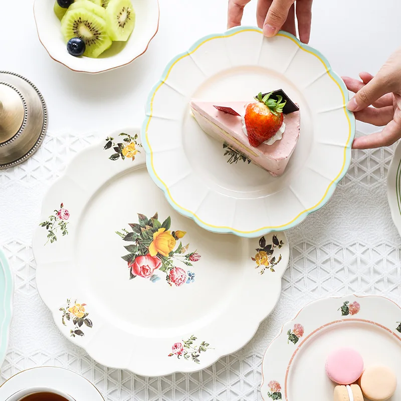 Ceramic plate Vintage Flower Pattern Lace Design European Simple Household Small Steak dessert Coffee Cup Set kitchen acce | Дом и сад