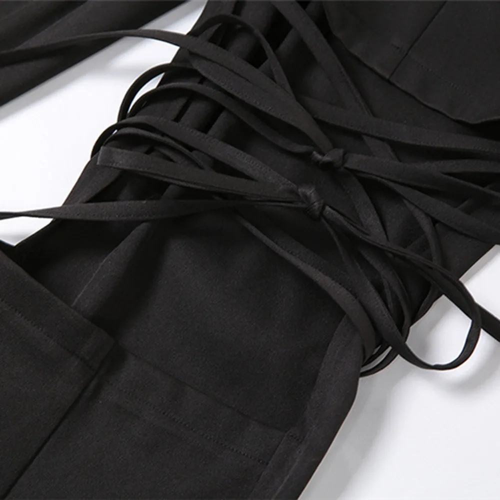 

2021 Summer New Gothic Women Flare Pants High Waist Trousers Hollow Out Bandage Black Casual Pants Fashion Split Design Trendy