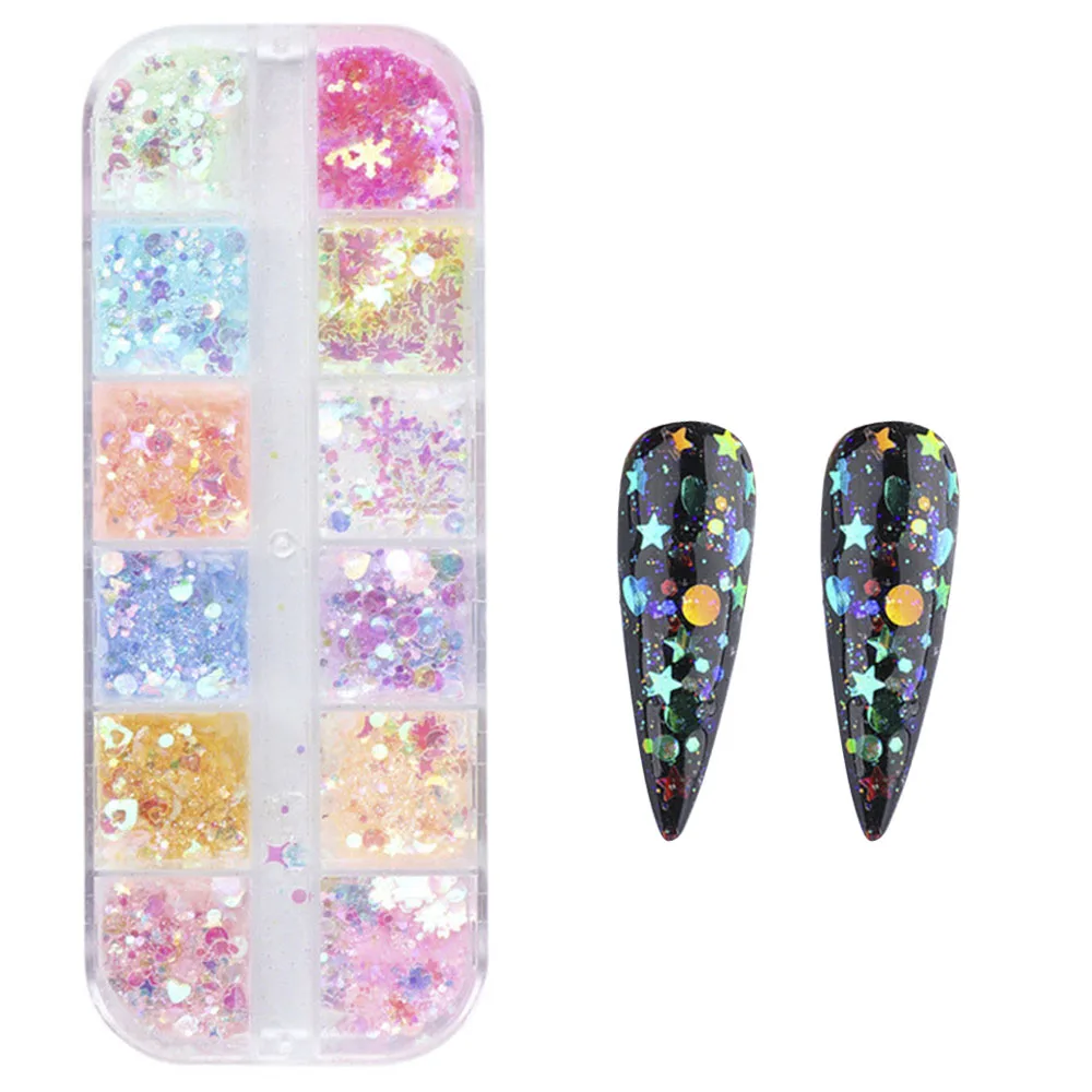 

Nail Art Irregular Ice Transparent Round Sequins Butterfly Glitter Powder Fairy Sequins Laser Flakes Decoration DIY 12 Grids/box