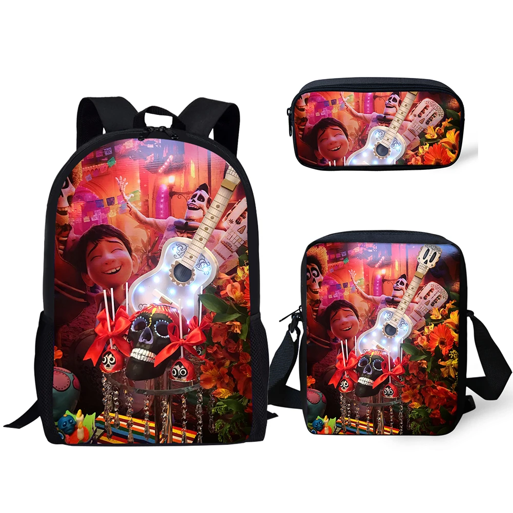 HALYUNASC 3PCs/Set Children's School Backpack COCO Music Skull Pattern Kids School Bags Cartoon Teenagers Book-Bags Set