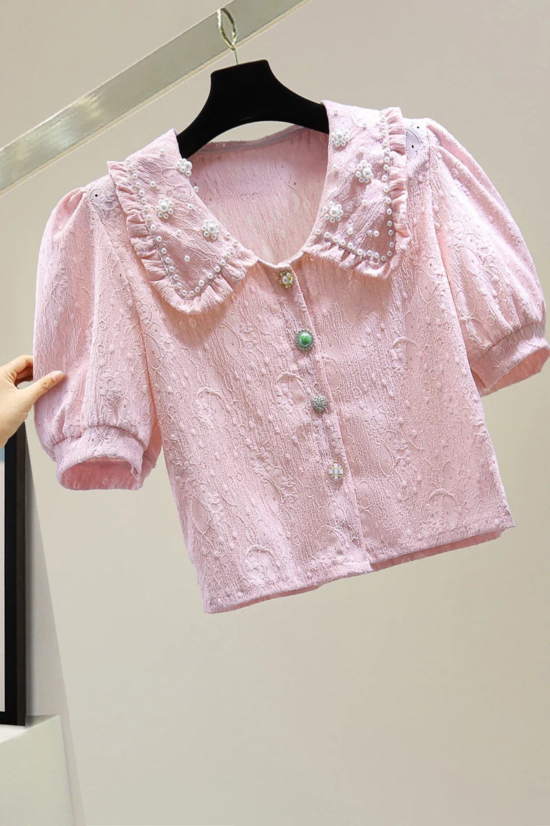 

Beaded Short Lace Shirt Women Clothes 2021 Summer High Waist Short Sleeve Shirts Hollow-out Multi-Button Crop Tops Ladies Blouse