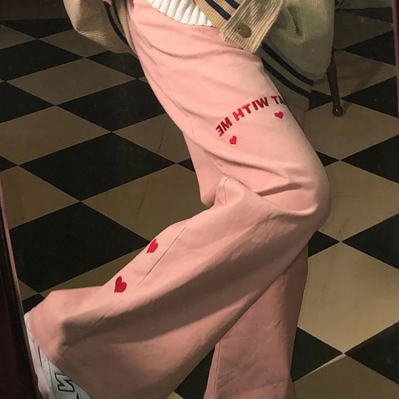 

2021 New Summer Vintage Jeans Love Graphic Woman Long Trousers Cowboy Female Sweet Loose Streetwear Letter Print Korean Pants