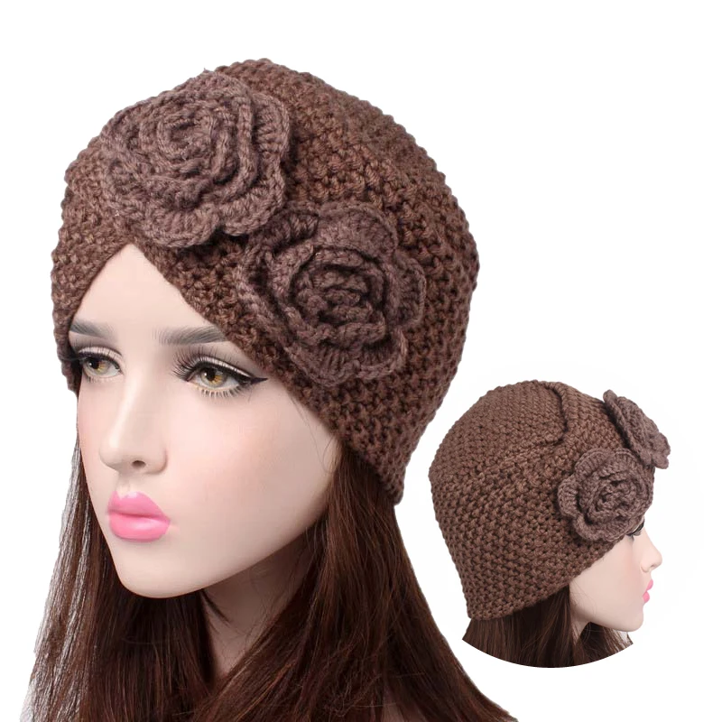 Трендовая шерстяная шапка с цветами мусульманская вязаная ручной работы хиджаб