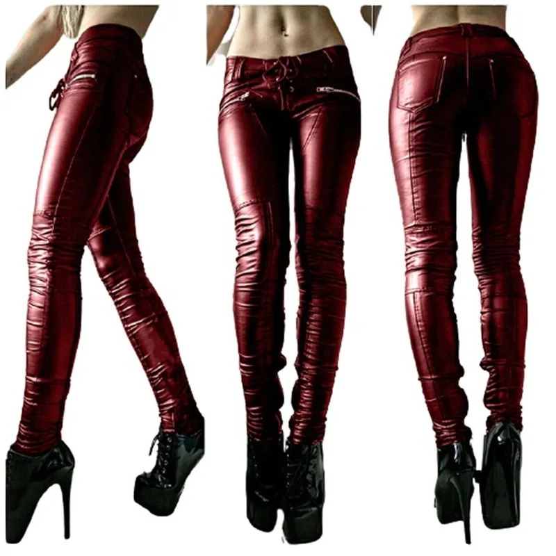 

Kalenmos 5XL Solid Color Strap Tight-fitting Leather Pants Stitching Zipper Fashion Mid-waist Pleated Pocket PU Trousers Women