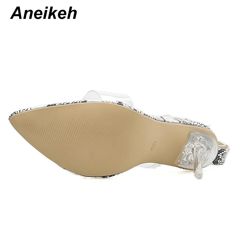 Aneikeh/ Новинка pvc сандалии женская обувь под змеиную кожу; острый носок прозрачный Стекло высокий тонкий каблук вечерние свадебные Туфли с ремешком и пряжкой; большие размеры 35-42