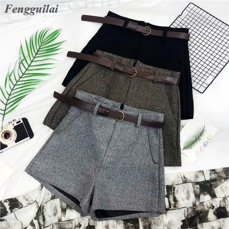 Autumn Winter Formal Shorts Women Korean High Waist Thick With Sashes Wide Leg Shorts Female Gray Black Green Casual Bottom