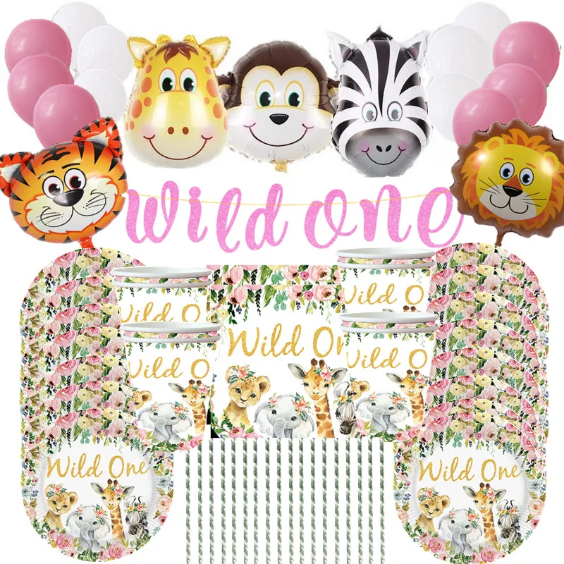 Джунгли посуда в виде животных комплект и надписью Wild One День рождения Декор для