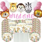 Джунгли посуда в виде животных комплект и надписью Wild One День рождения Декор для маленьких девочек розовый лесных вечеринок сафари тематическая вечеринка Декор