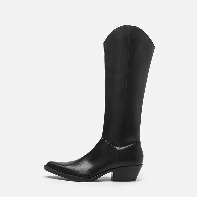 

Knightswoman Boots Winter Pointy But Knee-length High Leg Thick Heel Thick Side Zipper Black Western Cowboy