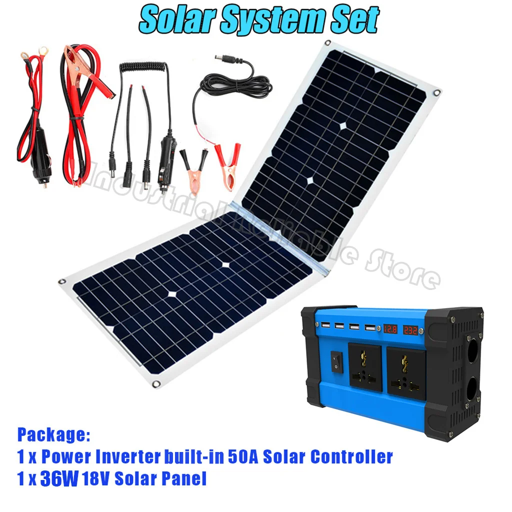 

Solar system Set Mono Solar Panel 36W 18V+ Power Inverter 4000W with 4 USB Ports 2AC Sockets +Solar Charge Controller 50A