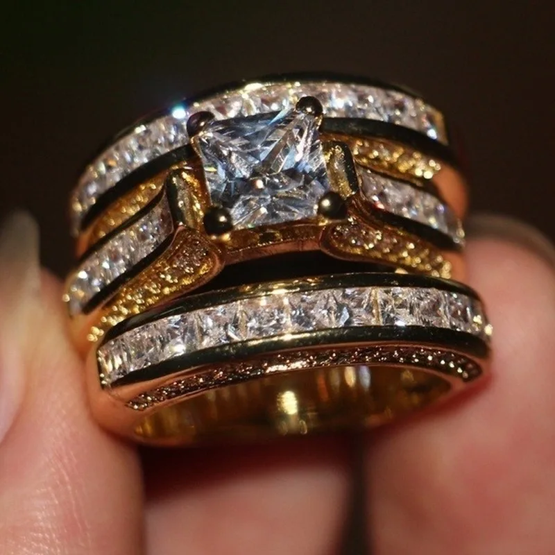 

3 Pieces/set Rings Princess Cut Filled Wedding Band Ring Set 3D Round Rhinestone Rings for Women