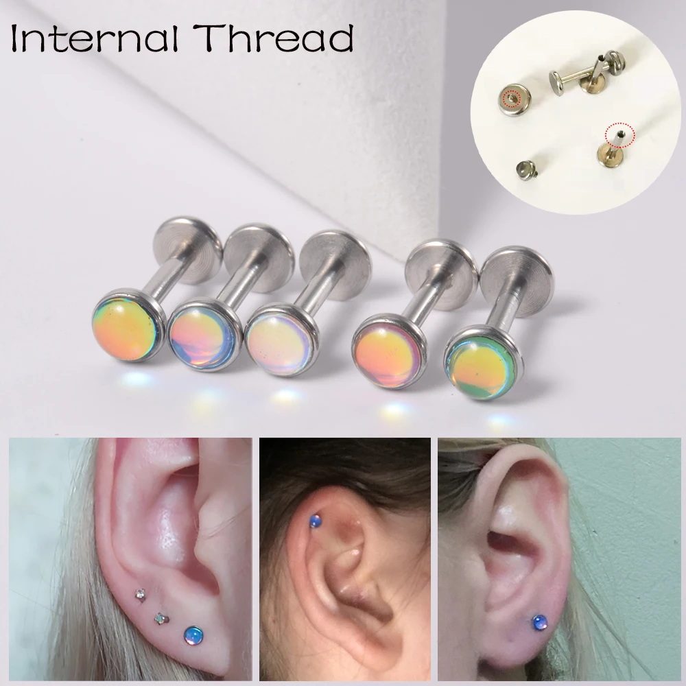 

5Pc Flat CZ Gem Opal Lip Labret Stud Piercing Internall Thread Ear Tragus Cartilage Helix Stud Earring Body Jewelry