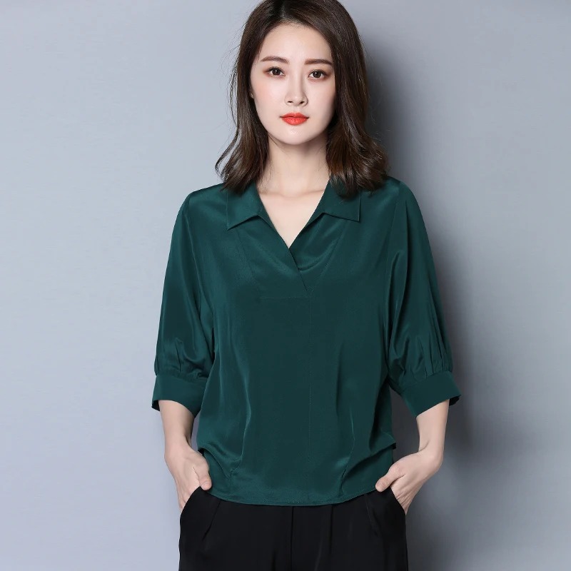 Блузка женская свободного покроя с рукавами-фонариками из искусственного шелка |
