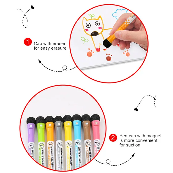 

Hot Selling 12pcs Magnetic Whiteboard Pen Erasable Dry Wipe Whiteboard Marker Pens with Eraser Tips LBV