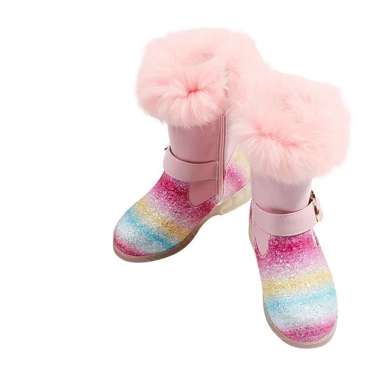 

Children Shoes Girls Boots Plus Velvet Winter Kids Fashion Snow Boots Keep Warm Rainbow Design Short Boot SJD057