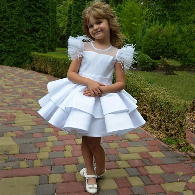 

White Elegant Dress,Knee Length Gown for Baby Birthday Party,Wedding Party Dress for Girl,Summer Sleeveless Dress