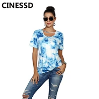 cinessd short sleeve print tshirt women tie dye tops blue o neck hollow summer casual breathable soft loose pullover tee shirts