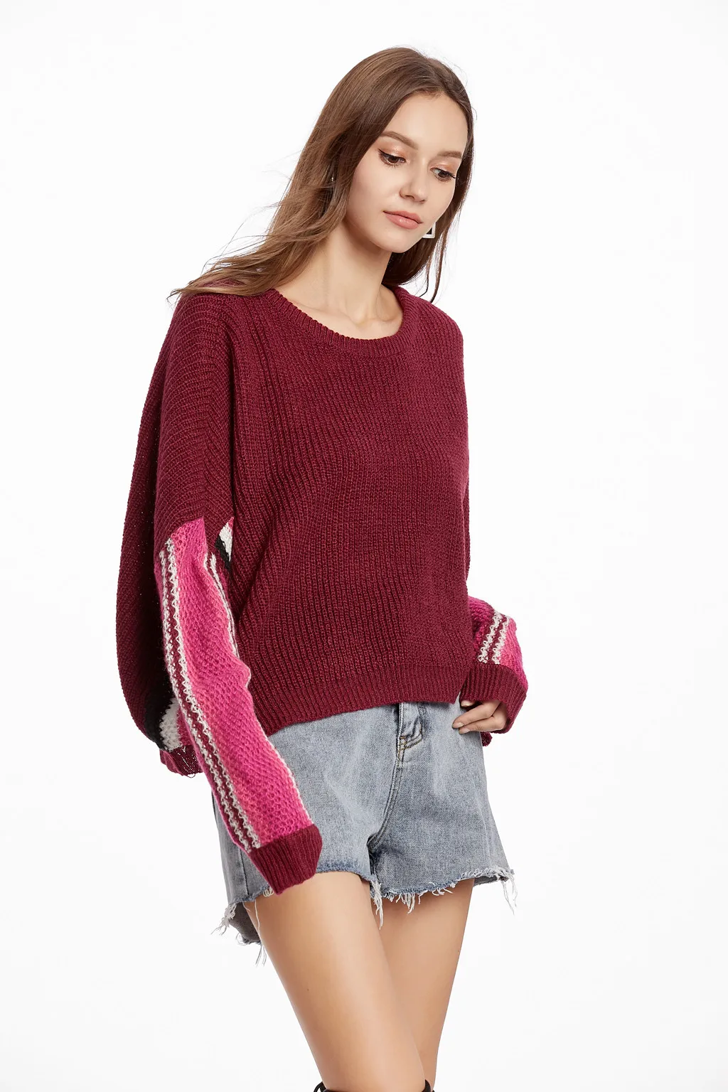 Sweater women plus size Autumn Winter Warm Long Sleeve Round Collar Bat Rainbow Stripe Knit Tops W1010 | Женская одежда