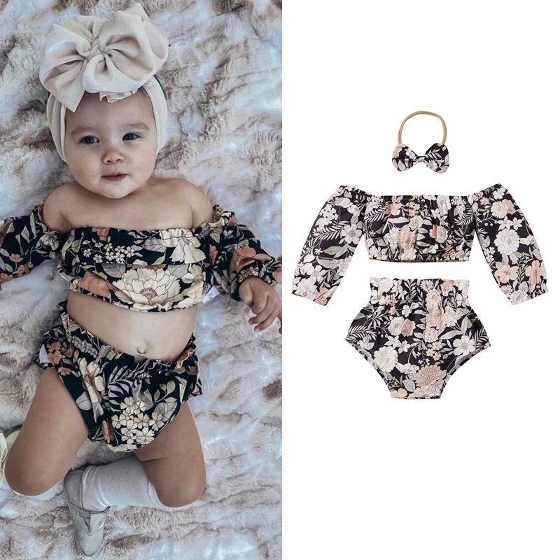 

3Pcs Little Girls Clothes Outfit Summer Sweet Style Off Shoulder Floral Printing Crop Top + Shorts + Bow Headwear Set