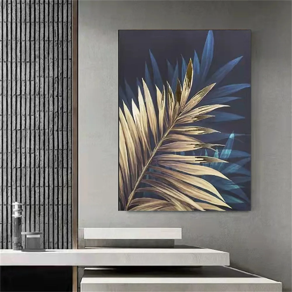 

Абстрактная масляная живопись на заказ для гостиной, роспись, синее зеленое растение, лист, украшение для ресторана, современная и простая р...