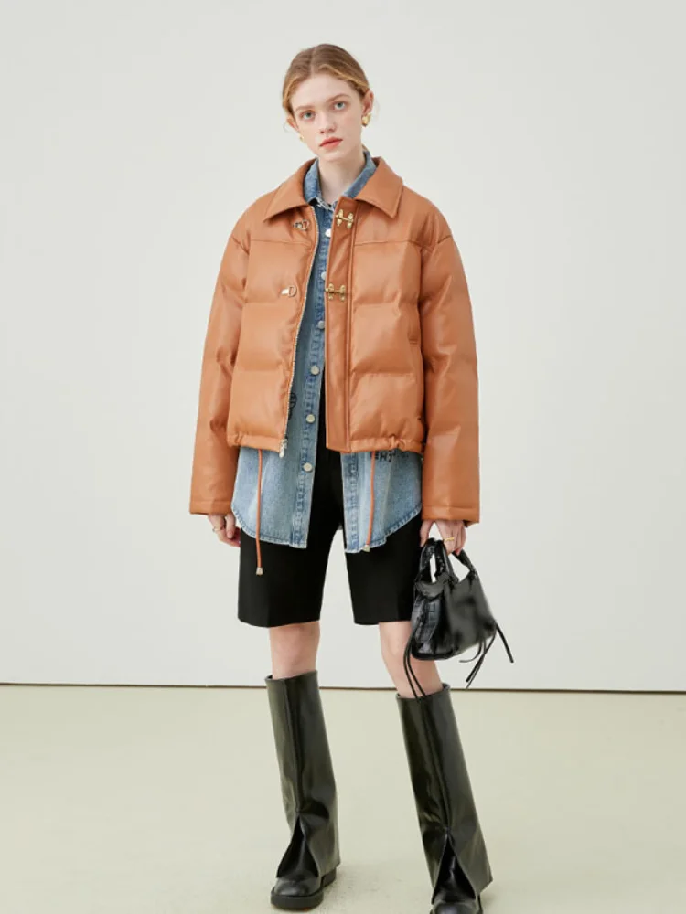 Winter Thick Warm Short Parkas Women Oversize Outwear 2021 Fashion  PU Leather Coats Ladies Lapel  Elegant Zipper Cotton Jackets