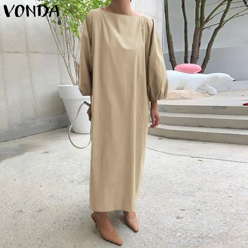 

Casual Retro Plain Dress VONDA Women Solid Color O Neck Mid-Calf Dresses Ladies Bohemian Party Vestidos Oversize Baggy Hem Robes