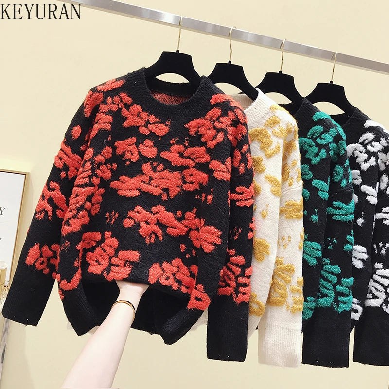 

Vintage Flower Sweater Women Autumn Winter New Knitted Tops O Neck Long Sleeve Retro Lazy oaf Loose Pullover Jumper Sueter Mujer