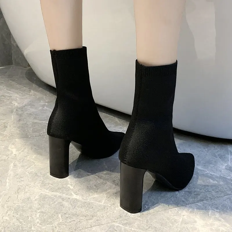 

2021 Fashion Women's Boots Brand Luxury High Heel Shoes Sock Knitting Winter Ankle Booties Female Woman Botas Zapatos Para Mujer