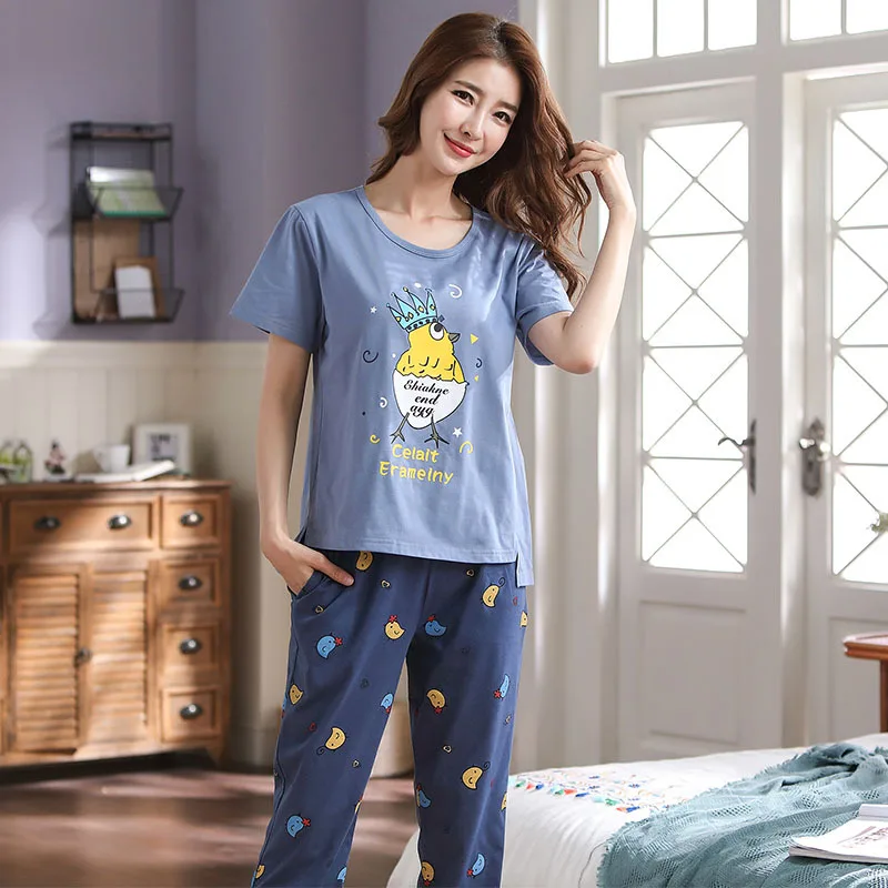 

[Puls Size] Fashion Casual Women's Short-Sleeved Trousers Round Neck Loose Print Cute Home Wear Pajamas Set