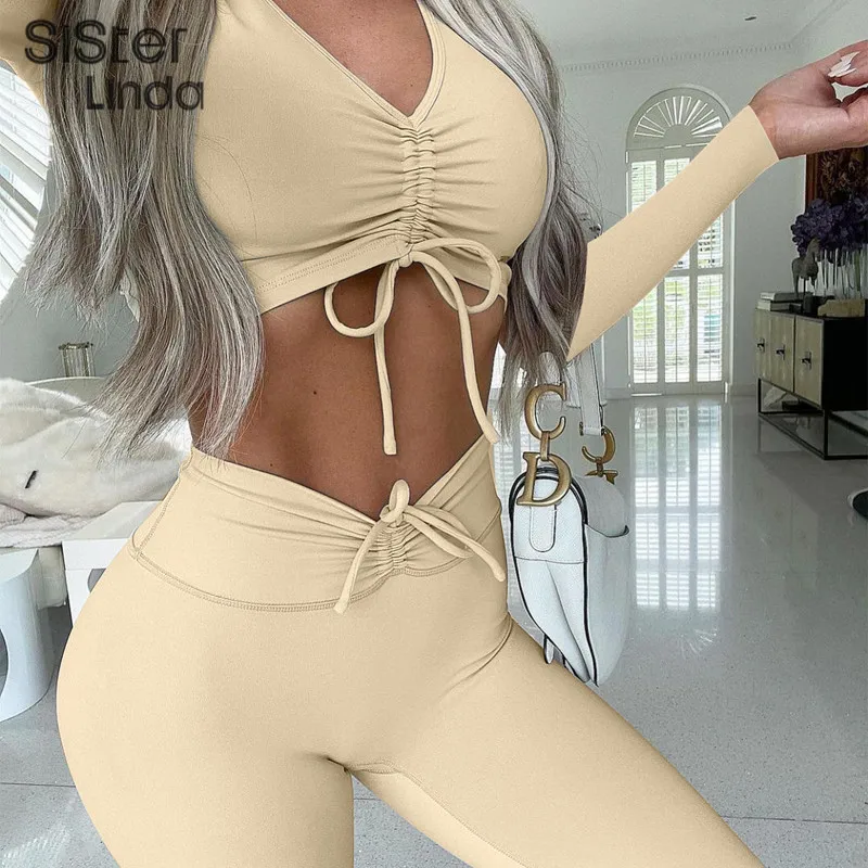 

Sisterlinda Casual Tracksuit Women 2 Pieces Sets V Neck Bandage Drawstring Crop Top+High Waist Leggings Fitness Matching Outfits