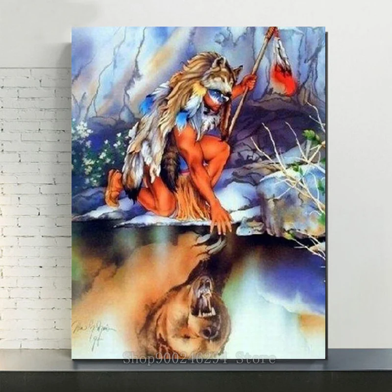 Алмазная 5d-картина с изображением индейского племени Человек и волк мозаика из