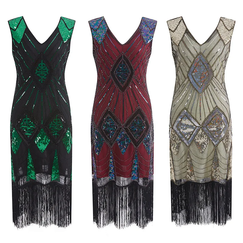 

Retro 1920s Flapper Beaded Gatsby Charleston Party Fringe Evening Cocktail Dress robe femme midi vintage vestido feminino