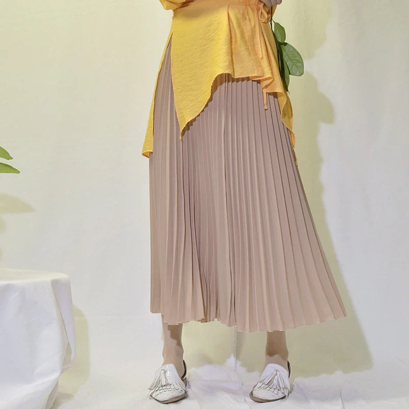

Womens Vintage Pleated Midi Long Skirt Female Korean Casual High Waist Chiffon Skirts Jupe Faldas 18 Colors 2019 Autumn SK397