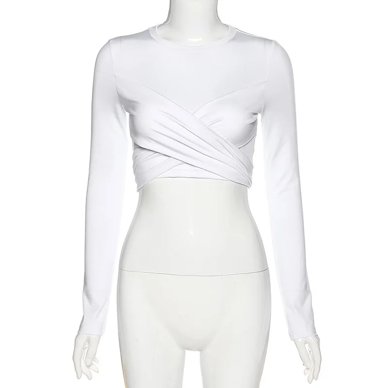 

Spring Autumn Style Fashion Crop Top 2020 New Arrivals Sexy Long Sleeve O Neck White T Shirts High Street Style Women T-Shirt