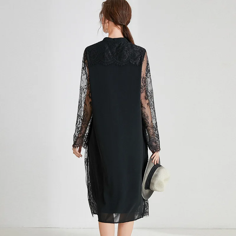 

plus size Lace dress women's clothing spring autumn large size stand collar long dresses elegant casual party dress TA7622