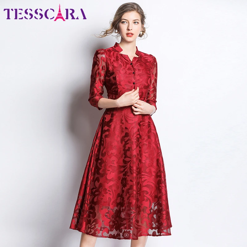 TESSCARA, женское весенне-осеннее элегантное кружевное платье, рубашка для женщин, высокое качество, Винтажный дизайн, красные платья, Длинные офисные вечерние платья