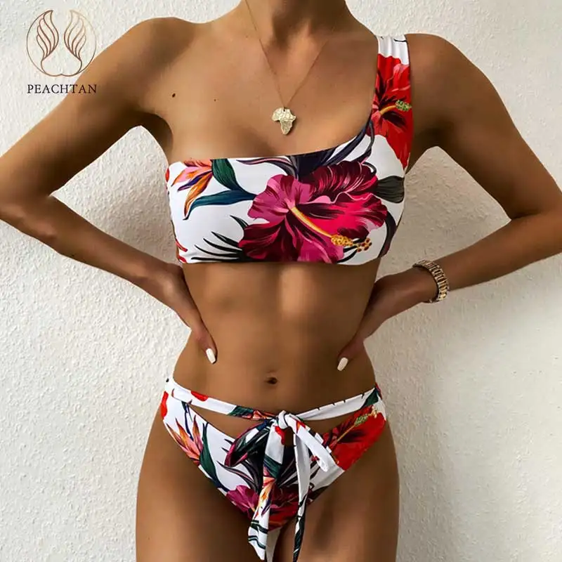 

Peachtan Sexy floral print swimsuit women 2020 One shoulder bikini set Bandeau swimwear women Knot bandage bathing suit biquini