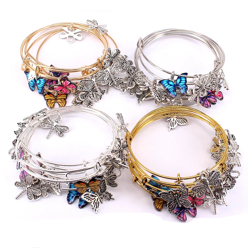 

5pcs Bangle Set Wire Bracelets for Women Girls Jewllery Butterfly Dragonfly Bow Charms Bangles Cuff Jewlery C044